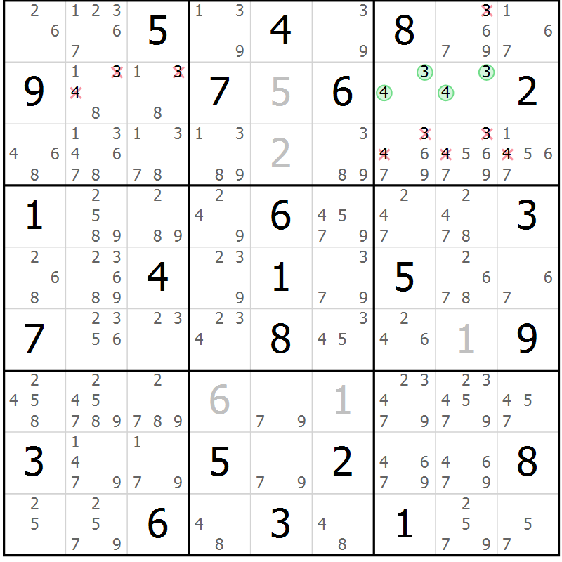 Position des candidats pour la solution de la Gr 77 page 80 du magazine de sudoku Maestro n° 102