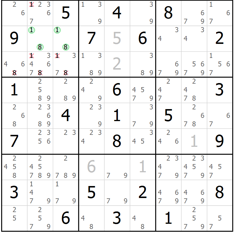 Position des candidats pour la solution de la Gr 77 page 80 du magazine de sudoku Maestro n° 102