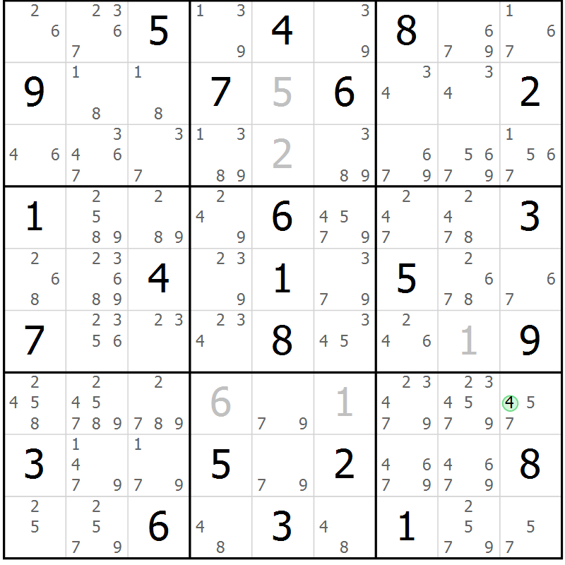 Position des candidats pour la solution de la Gr 77 page 80 du magazine de sudoku Maestro n° 102
