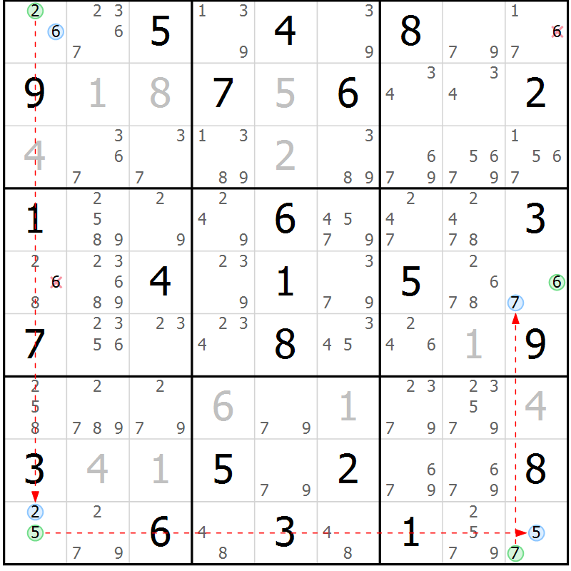 Position des candidats pour la solution de la Gr 77 page 80 du magazine de sudoku Maestro n° 102