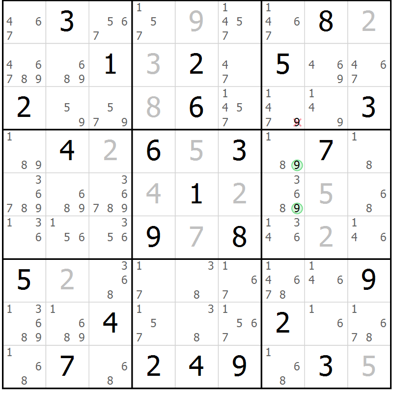 Position des candidats pour la solution de la Gr 78 page 81 du magazine de sudoku Maestro n° 102