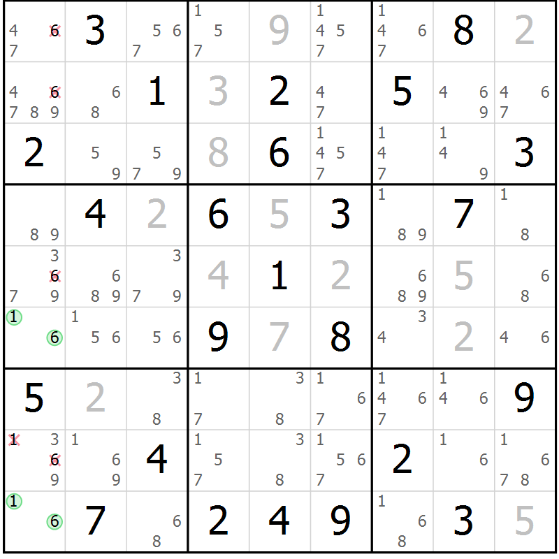 Position des candidats pour la solution de la Gr 78 page 81 du magazine de sudoku Maestro n° 102