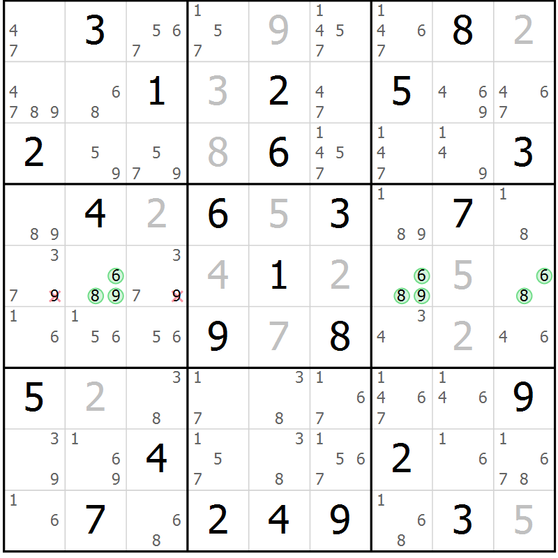 Position des candidats pour la solution de la Gr 78 page 81 du magazine de sudoku Maestro n° 102