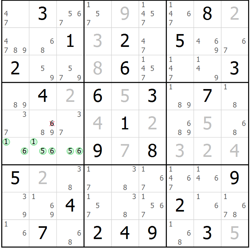 Position des candidats pour la solution de la Gr 78 page 81 du magazine de sudoku Maestro n° 102