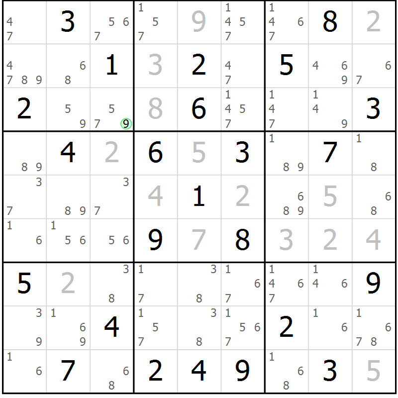 Position des candidats pour la solution de la Gr 78 page 81 du magazine de sudoku Maestro n° 102