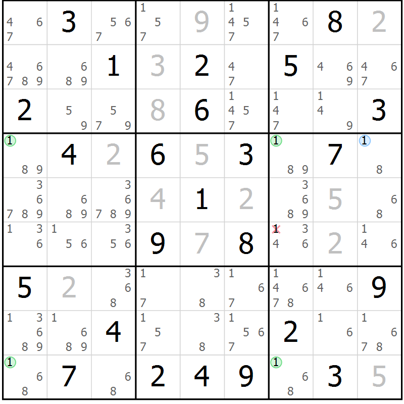 Position des candidats pour la solution de la Gr 78 page 81 du magazine de sudoku Maestro n° 102