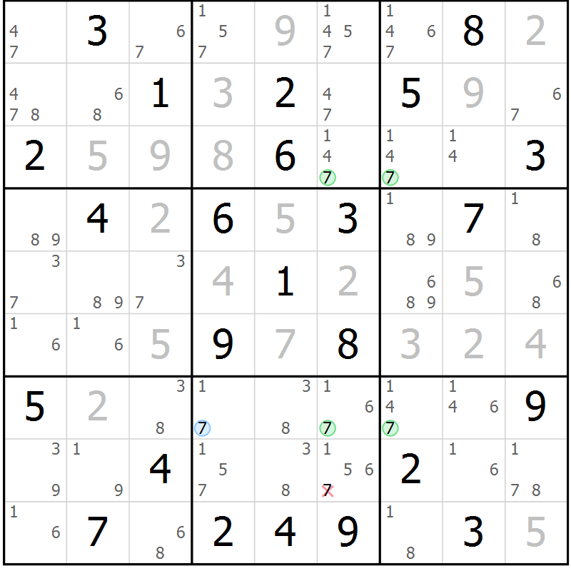 Position des candidats pour la solution de la Gr 78 page 81 du magazine de sudoku Maestro n° 102