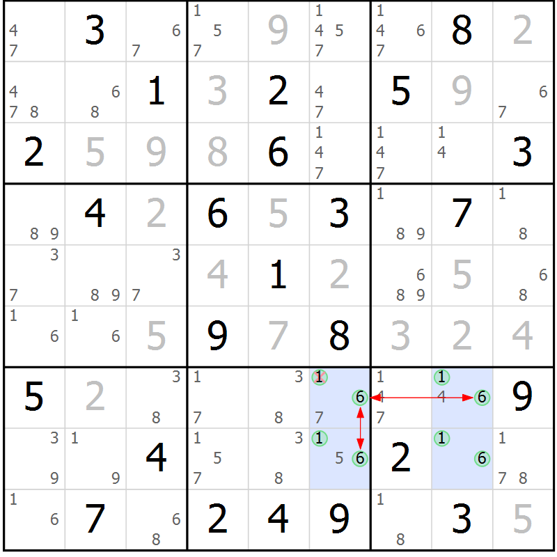 Position des candidats pour la solution de la Gr 78 page 81 du magazine de sudoku Maestro n° 102