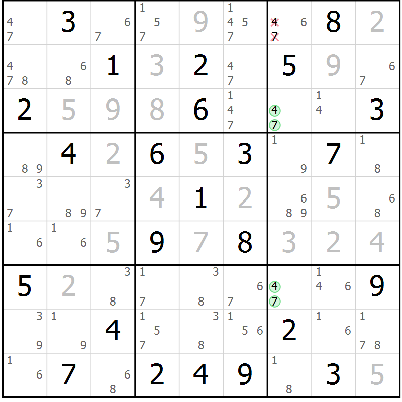 Position des candidats pour la solution de la Gr 78 page 81 du magazine de sudoku Maestro n° 102