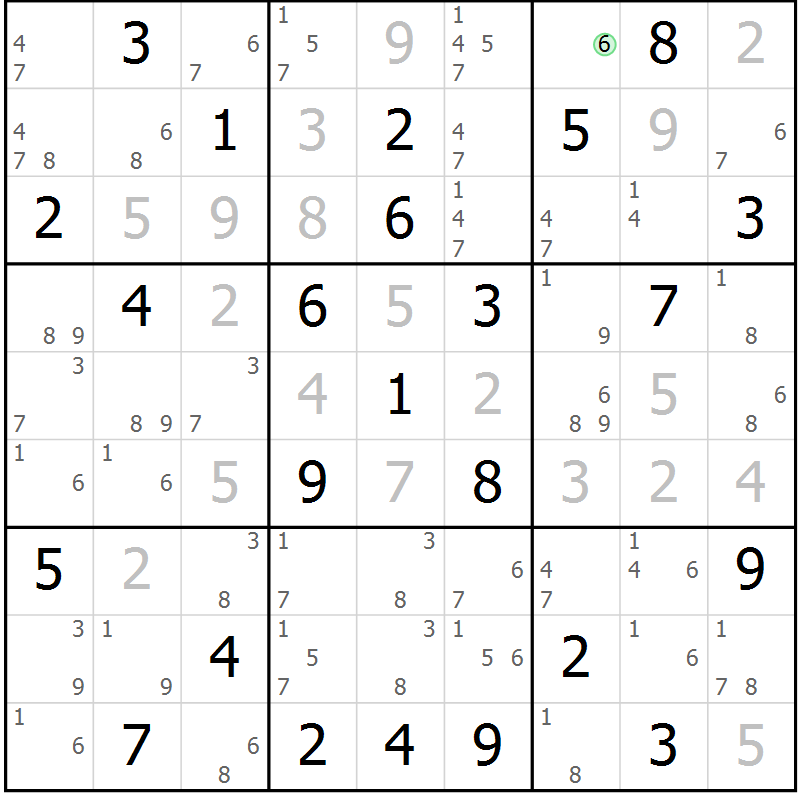 Position des candidats pour la solution de la Gr 78 page 81 du magazine de sudoku Maestro n° 102
