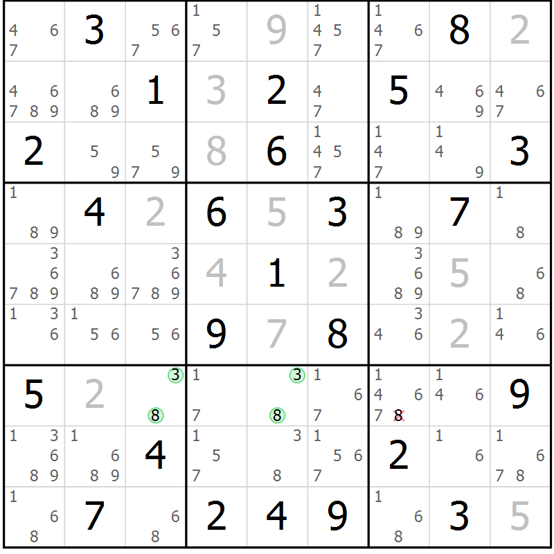 Position des candidats pour la solution de la Gr 78 page 81 du magazine de sudoku Maestro n° 102