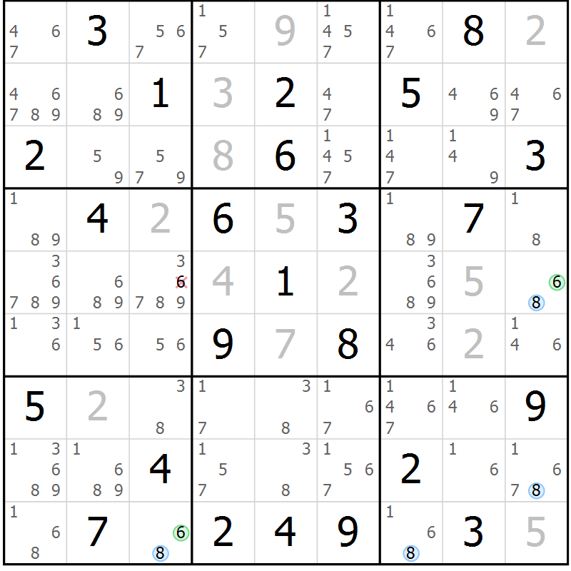 Position des candidats pour la solution de la Gr 78 page 81 du magazine de sudoku Maestro n° 102