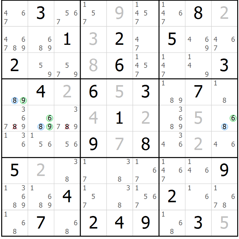 Position des candidats pour la solution de la Gr 78 page 81 du magazine de sudoku Maestro n° 102