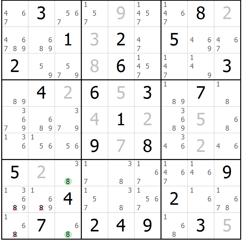 Position des candidats pour la solution de la Gr 78 page 81 du magazine de sudoku Maestro n° 102