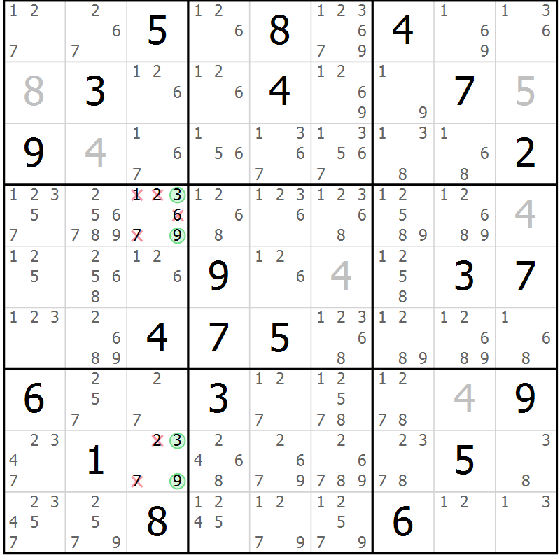 Position des candidats pour la solution de la Gr 79 page 82 du magazine de sudoku Maestro n° 102