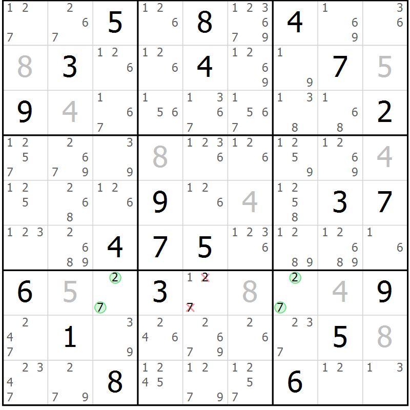 Position des candidats pour la solution de la Gr 79 page 82 du magazine de sudoku Maestro n° 102