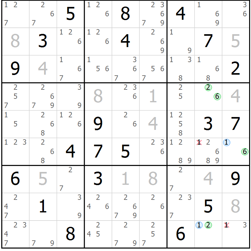 Position des candidats pour la solution de la Gr 79 page 82 du magazine de sudoku Maestro n° 102
