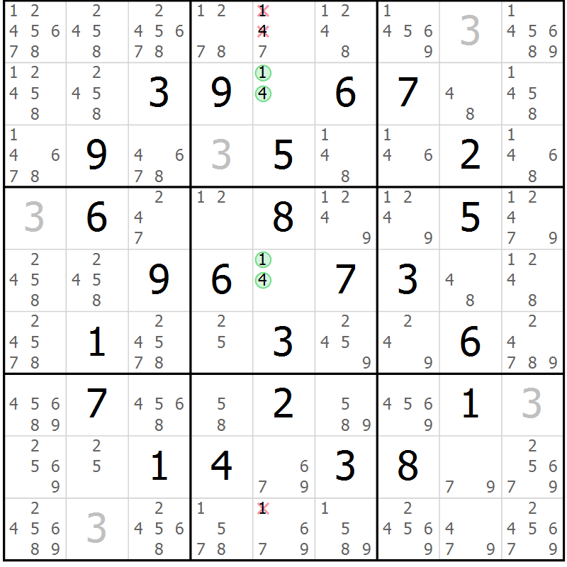 Position des candidats pour la solution de la Gr 8 page 11 du magazine de sudoku Maestro n° 102