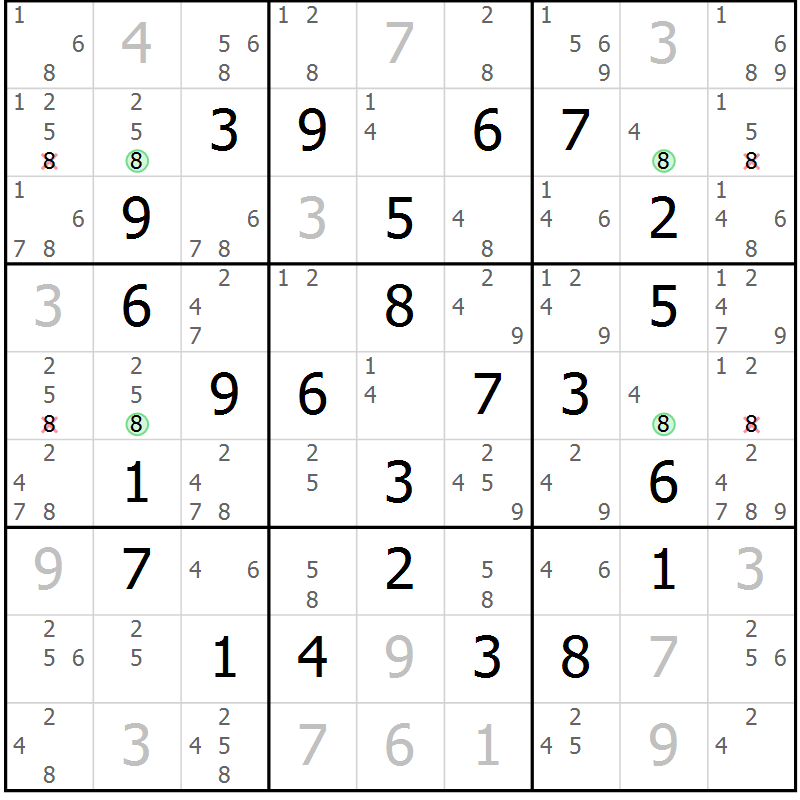 Position des candidats pour la solution de la Gr 8 page 11 du magazine de sudoku Maestro n° 102