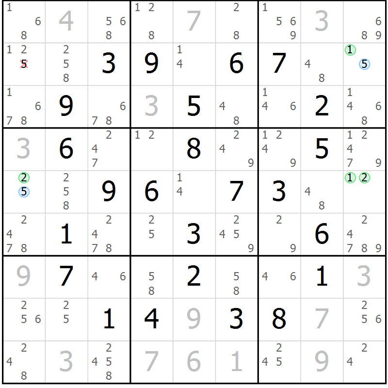 Position des candidats pour la solution de la Gr 8 page 11 du magazine de sudoku Maestro n° 102