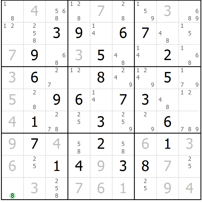 Position des candidats pour la solution de la Gr 8 page 11 du magazine de sudoku Maestro n° 102