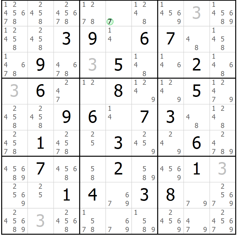 Position des candidats pour la solution de la Gr 8 page 11 du magazine de sudoku Maestro n° 102