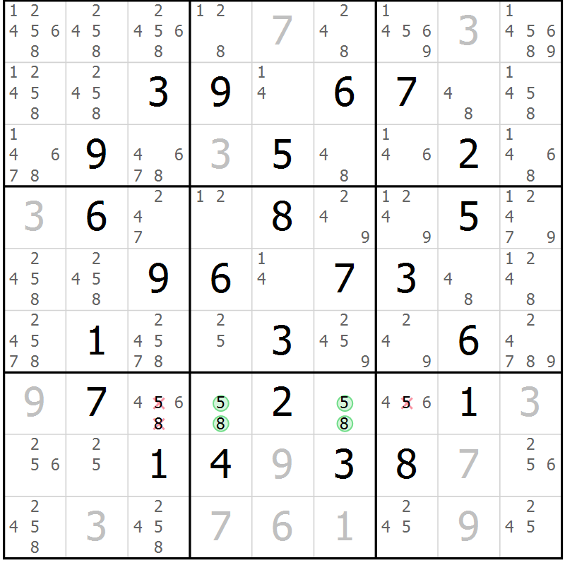 Position des candidats pour la solution de la Gr 8 page 11 du magazine de sudoku Maestro n° 102