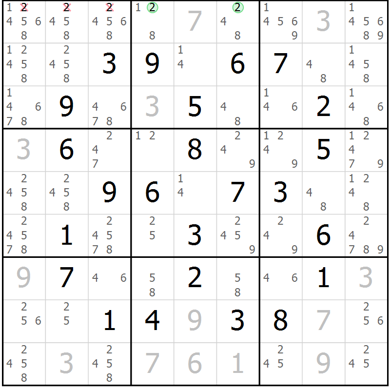 Position des candidats pour la solution de la Gr 8 page 11 du magazine de sudoku Maestro n° 102