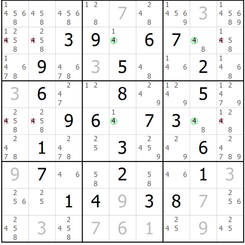 Position des candidats pour la solution de la Gr 8 page 11 du magazine de sudoku Maestro n° 102
