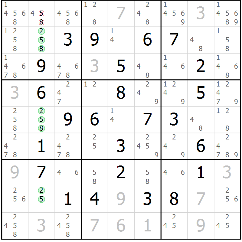 Position des candidats pour la solution de la Gr 8 page 11 du magazine de sudoku Maestro n° 102