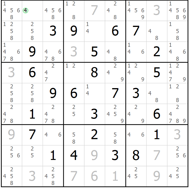 Position des candidats pour la solution de la Gr 8 page 11 du magazine de sudoku Maestro n° 102
