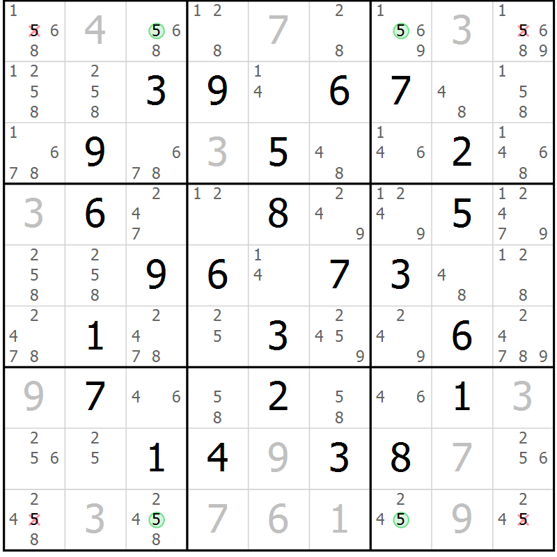 Position des candidats pour la solution de la Gr 8 page 11 du magazine de sudoku Maestro n° 102