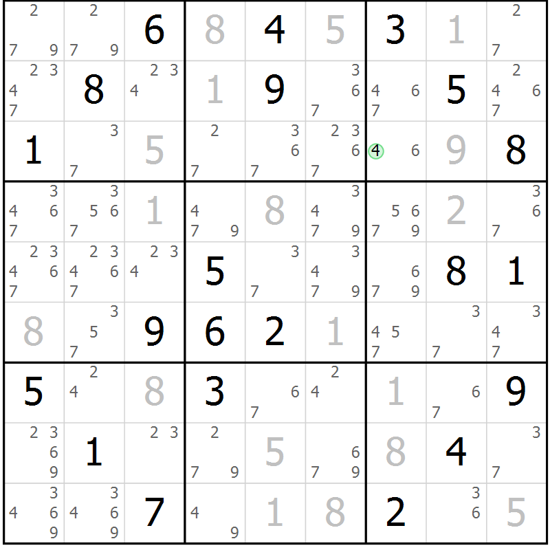 Position des candidats pour la solution de la Gr 80 page 83 du magazine de sudoku Maestro n° 102