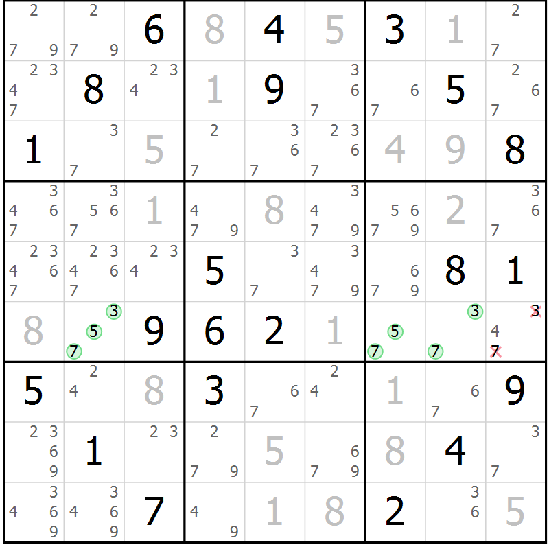 Position des candidats pour la solution de la Gr 80 page 83 du magazine de sudoku Maestro n° 102
