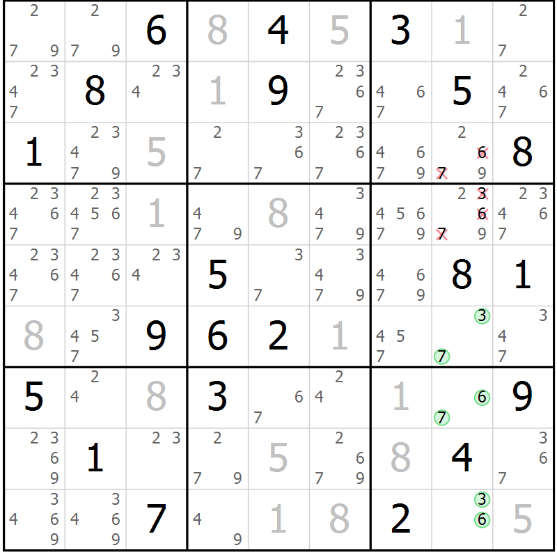Position des candidats pour la solution de la Gr 80 page 83 du magazine de sudoku Maestro n° 102