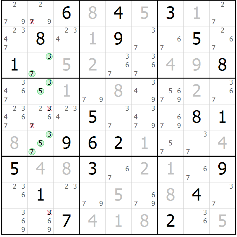 Position des candidats pour la solution de la Gr 80 page 83 du magazine de sudoku Maestro n° 102