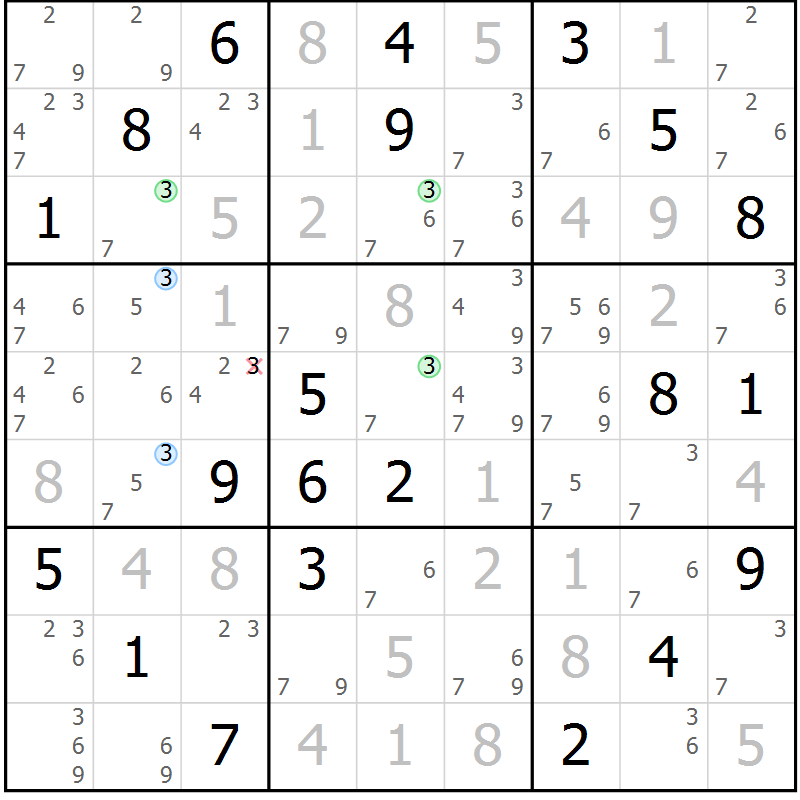Position des candidats pour la solution de la Gr 80 page 83 du magazine de sudoku Maestro n° 102