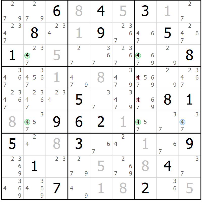 Position des candidats pour la solution de la Gr 80 page 83 du magazine de sudoku Maestro n° 102