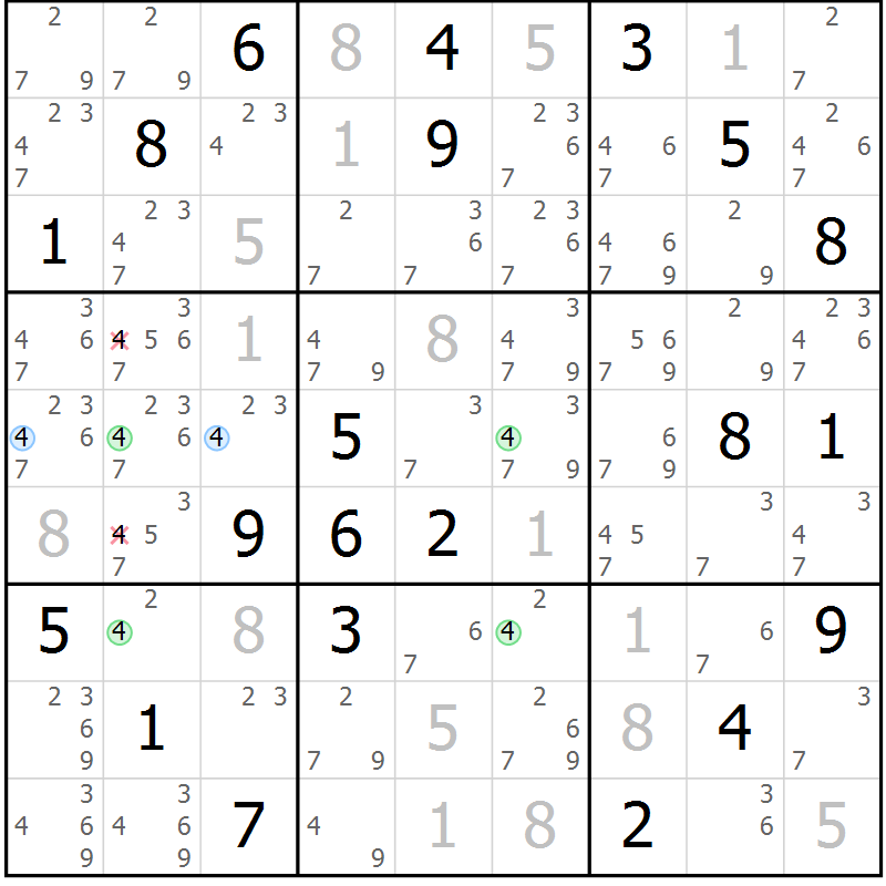 Position des candidats pour la solution de la Gr 80 page 83 du magazine de sudoku Maestro n° 102