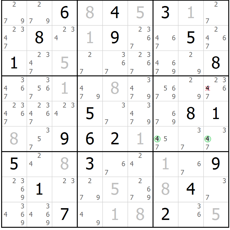 Position des candidats pour la solution de la Gr 80 page 83 du magazine de sudoku Maestro n° 102