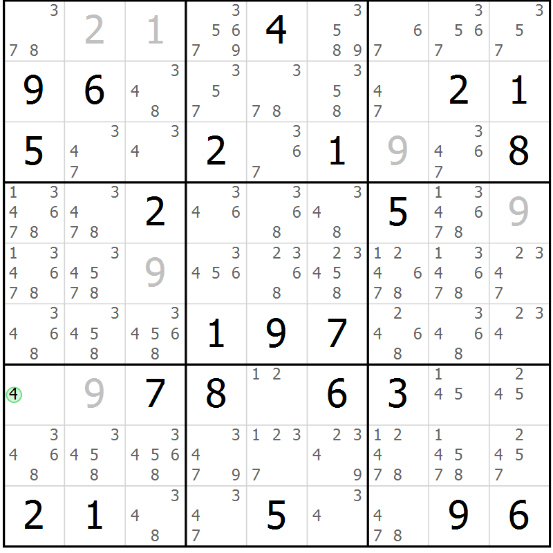 Position des candidats pour la solution de la Gr 81 page 84 du magazine de sudoku Maestro n° 102