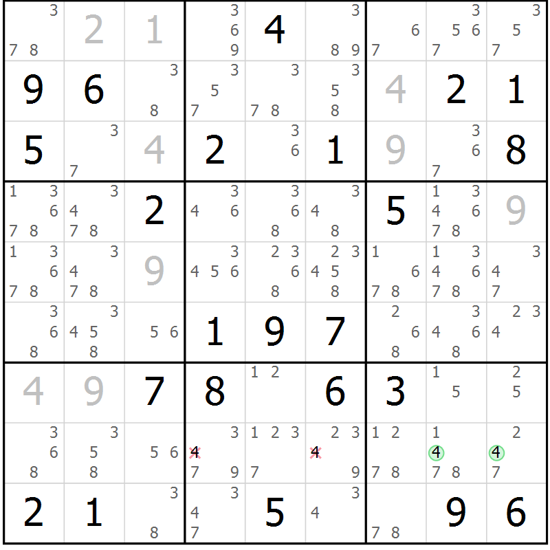 Position des candidats pour la solution de la Gr 81 page 84 du magazine de sudoku Maestro n° 102