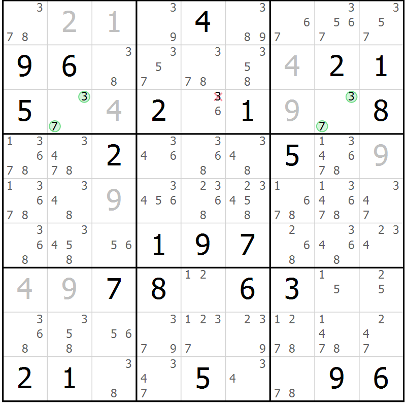 Position des candidats pour la solution de la Gr 81 page 84 du magazine de sudoku Maestro n° 102