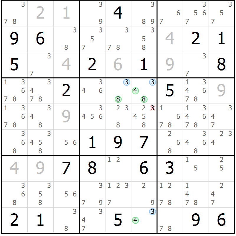 Position des candidats pour la solution de la Gr 81 page 84 du magazine de sudoku Maestro n° 102