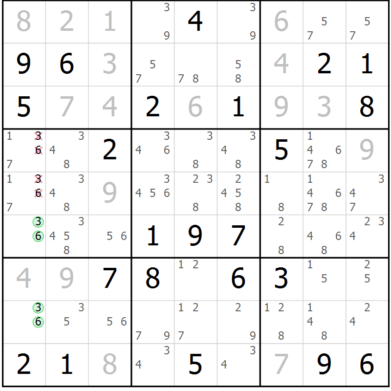 Position des candidats pour la solution de la Gr 81 page 84 du magazine de sudoku Maestro n° 102