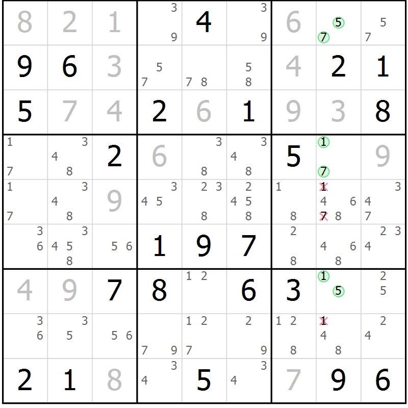 Position des candidats pour la solution de la Gr 81 page 84 du magazine de sudoku Maestro n° 102