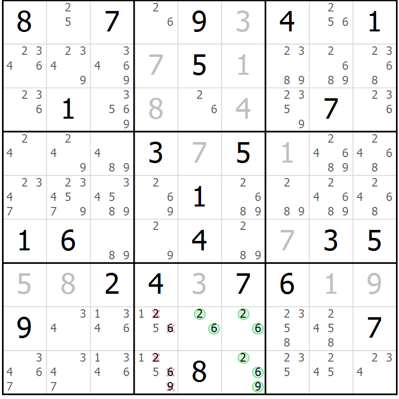 Position des candidats pour la solution de la Gr 82 page 85 du magazine de sudoku Maestro n° 102