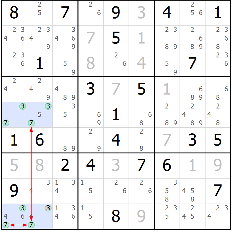 Position des candidats pour la solution de la Gr 82 page 85 du magazine de sudoku Maestro n° 102