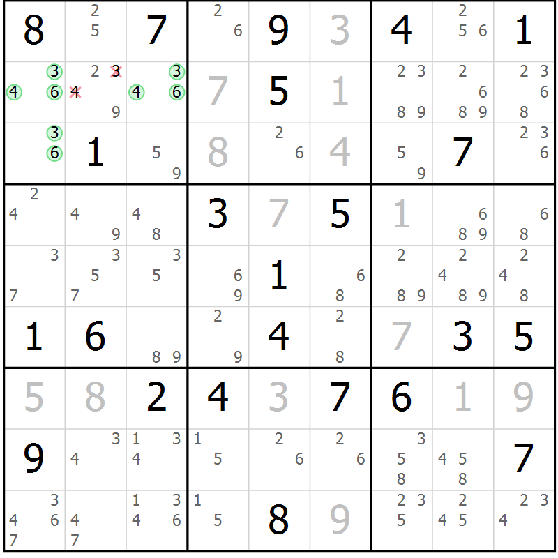 Position des candidats pour la solution de la Gr 82 page 85 du magazine de sudoku Maestro n° 102