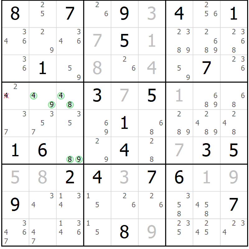 Position des candidats pour la solution de la Gr 82 page 85 du magazine de sudoku Maestro n° 102